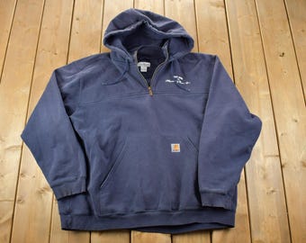 Vintage Distressed Zip Rib Unique Carhartt Quarter Zip Hoodie Sweatshirt / Workwear / Streetwear / 80s / 90s / Vintage Button Up