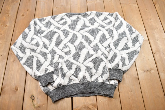 Vintage 1990s Grey Patterned Knit Crewneck Sweate… - image 2