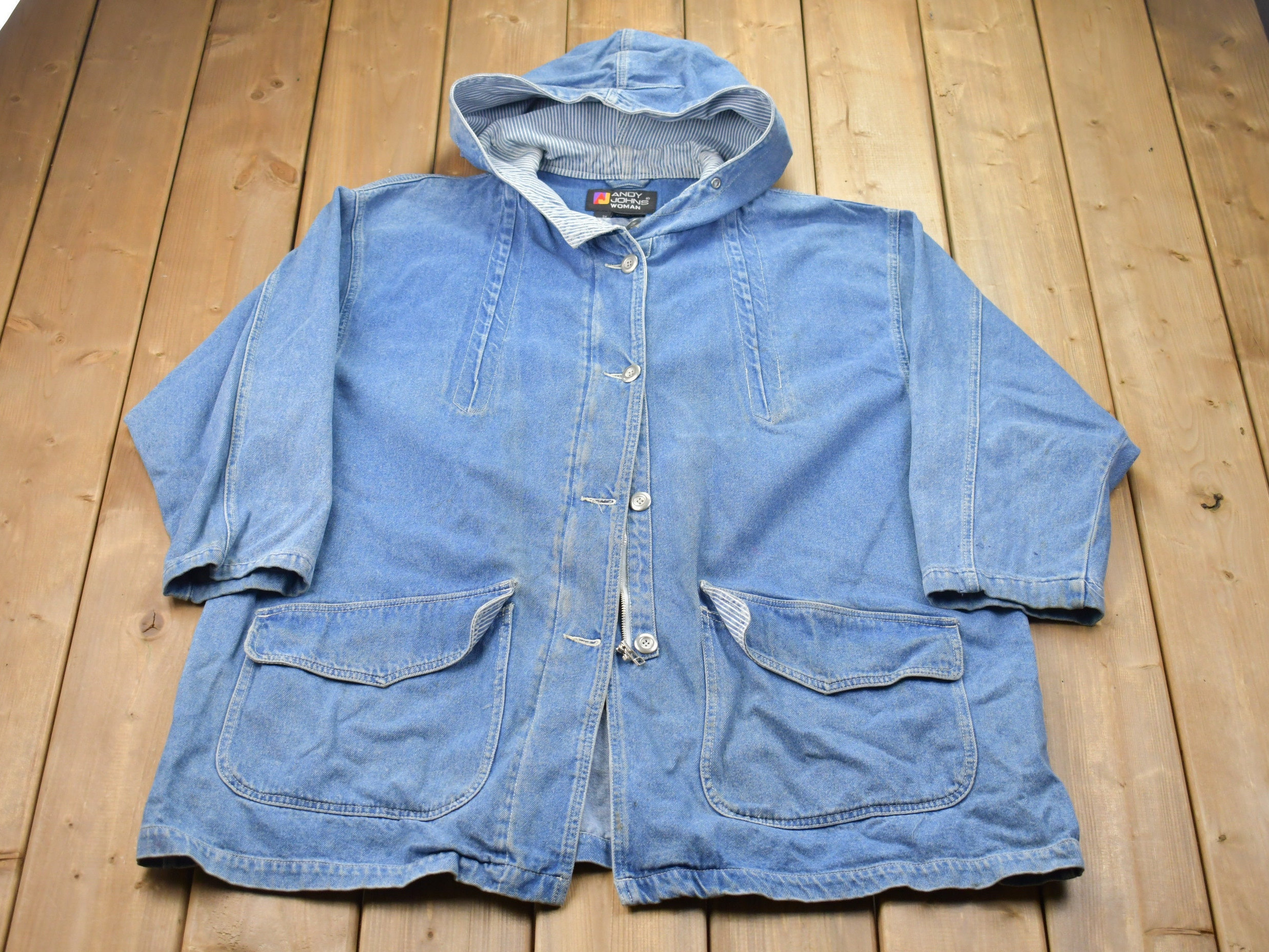 Vintage 1990s Andy Johns Woman Denim Hooded Jean Jacket / Vintage 
