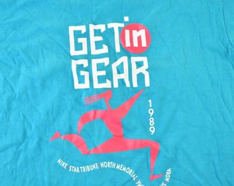 Vintage 1989 Nike Get In Gear Graphic T-Shirt / Swoosh / Nike Swoosh / Nike Vintage / Small Swoosh / Big Swoosh / Nike Check