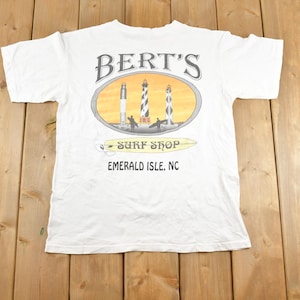 Vintage 1990s Bert&#39;s Surf Shop Graphic T-Shirt / USA Surf Tee / Tourist Emerald Isle North Carolina /