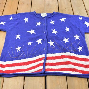 Vintage Quaker Factory American Flag Knit Short Sleeve Sweater Women's 2X / Vintage 90s Button Up Sweater / Pattern Sweater