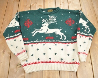 Vintage 1990 Eddie Bauer Winter Deer Theme Knit Sweater / 100% Wool / All Over Pattern / Colourful Sweatshirt