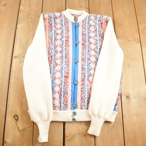 Vintage 1990s Knitted Sleeve Floral Patchwork Bomber Style Cardigan Sweater / Vintage Cardigan / Button Up / Abstract Pattern