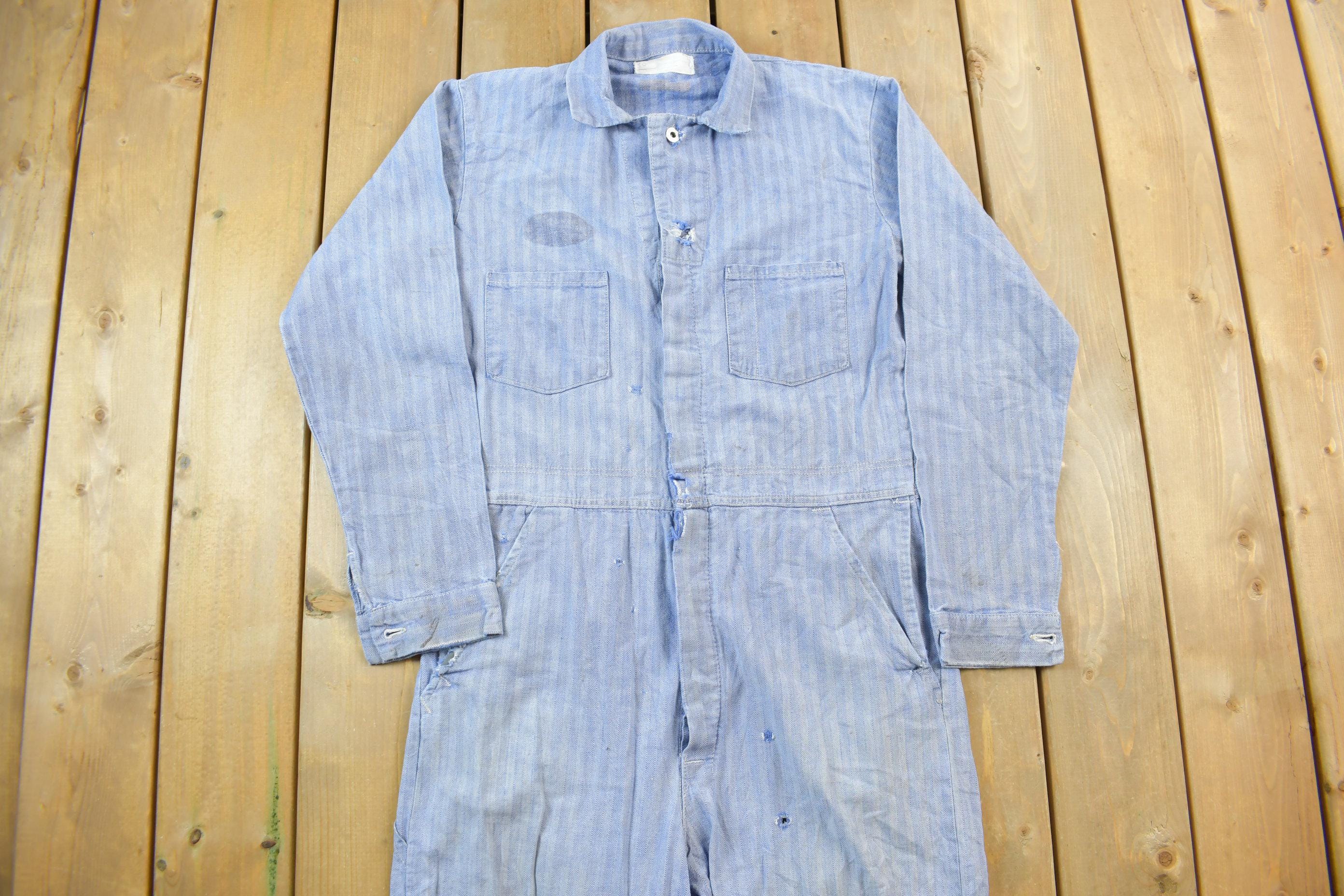 Vintage 1980s Distressed Hickory Striped Denim Coveralls Size 40 / Vintage Coveralls / Hickory Stripe Denim / Distressed Workwear /