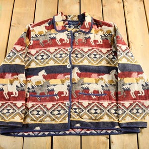 Vintage 1990s Jane Ashley Horses Animal Print Tapestry Patchwork Knit Jacket Women's 3X / All Over Print / Equestrian