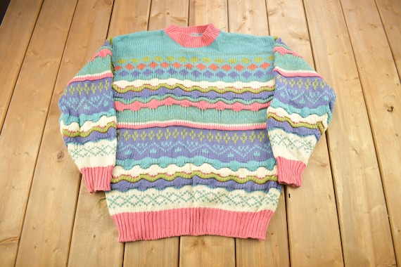 Vintage 1990s IVY Women's 3D Colored Cable Knit Crewneck Sweater