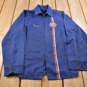 Vintage 1970s Unilog Embrodiered Gulf Zip Up Light Jacket /True Vintage / Streetwear / Fall Outerwear / Union Made / Made In USA