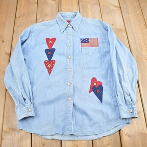 Vintage 1990s süßes Patchwork Jeanshemd durchgeknöpft / 1990s Button Up / Vintage Flanell / Basic Button Up