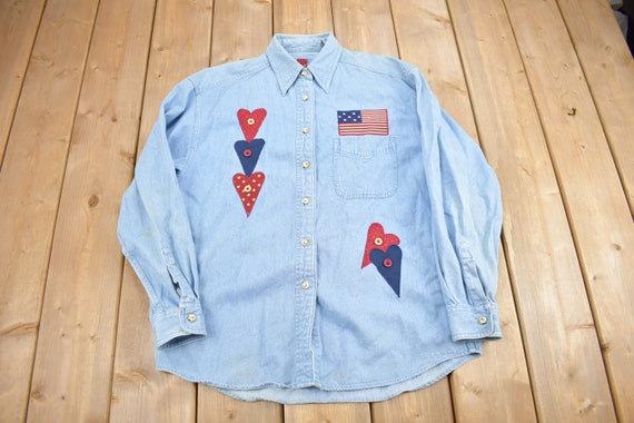 Vintage 1990s Cute Patchwork Denim Button Up Shir… - image 1