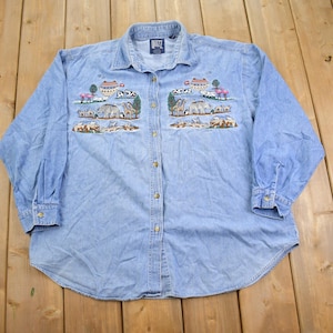 Vintage 1990s Noahs Arc Embroidered Denim Button Up Shirt