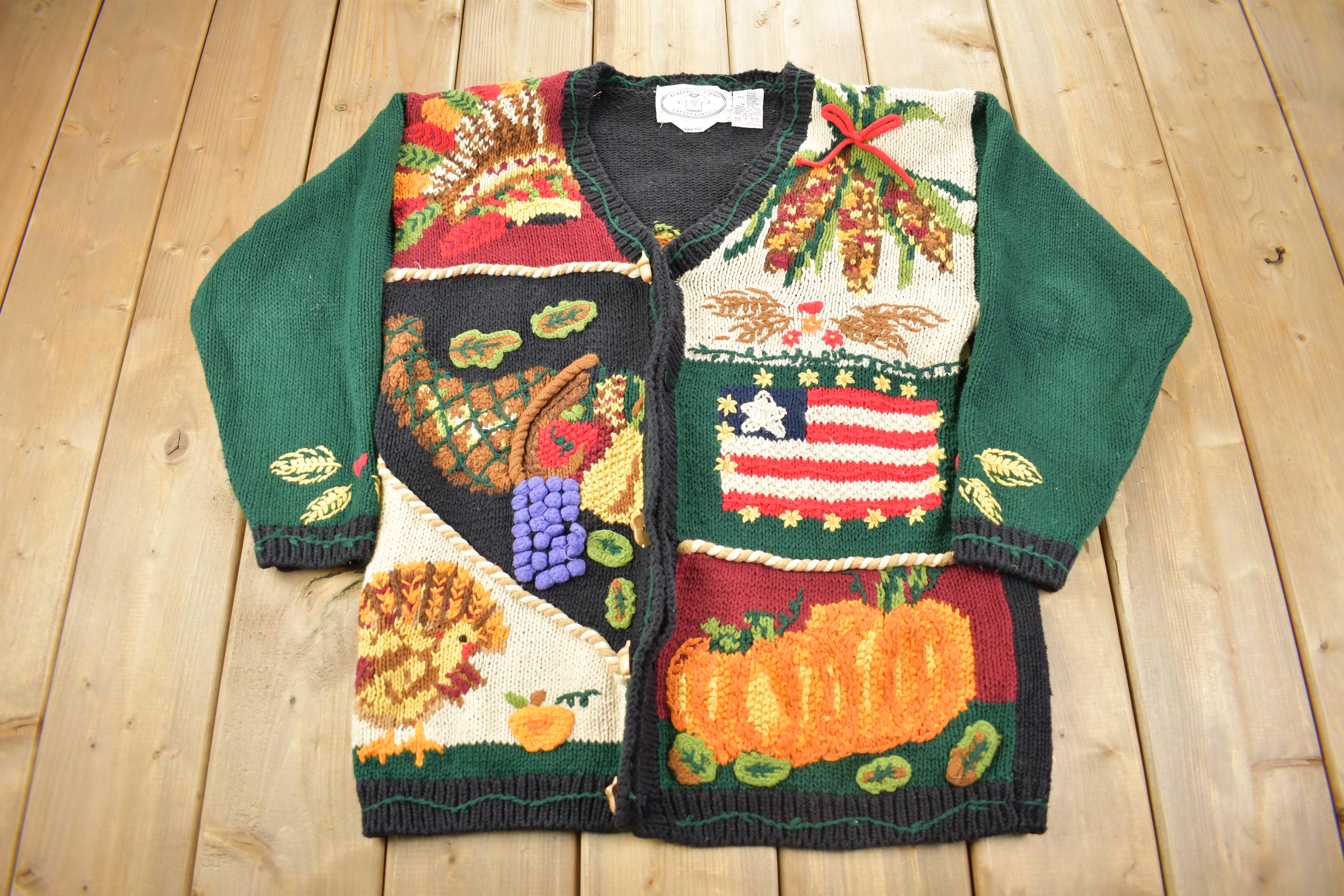 Vintage 1996 Eagles Eye Thanksgiving Theme Embroidered Knit