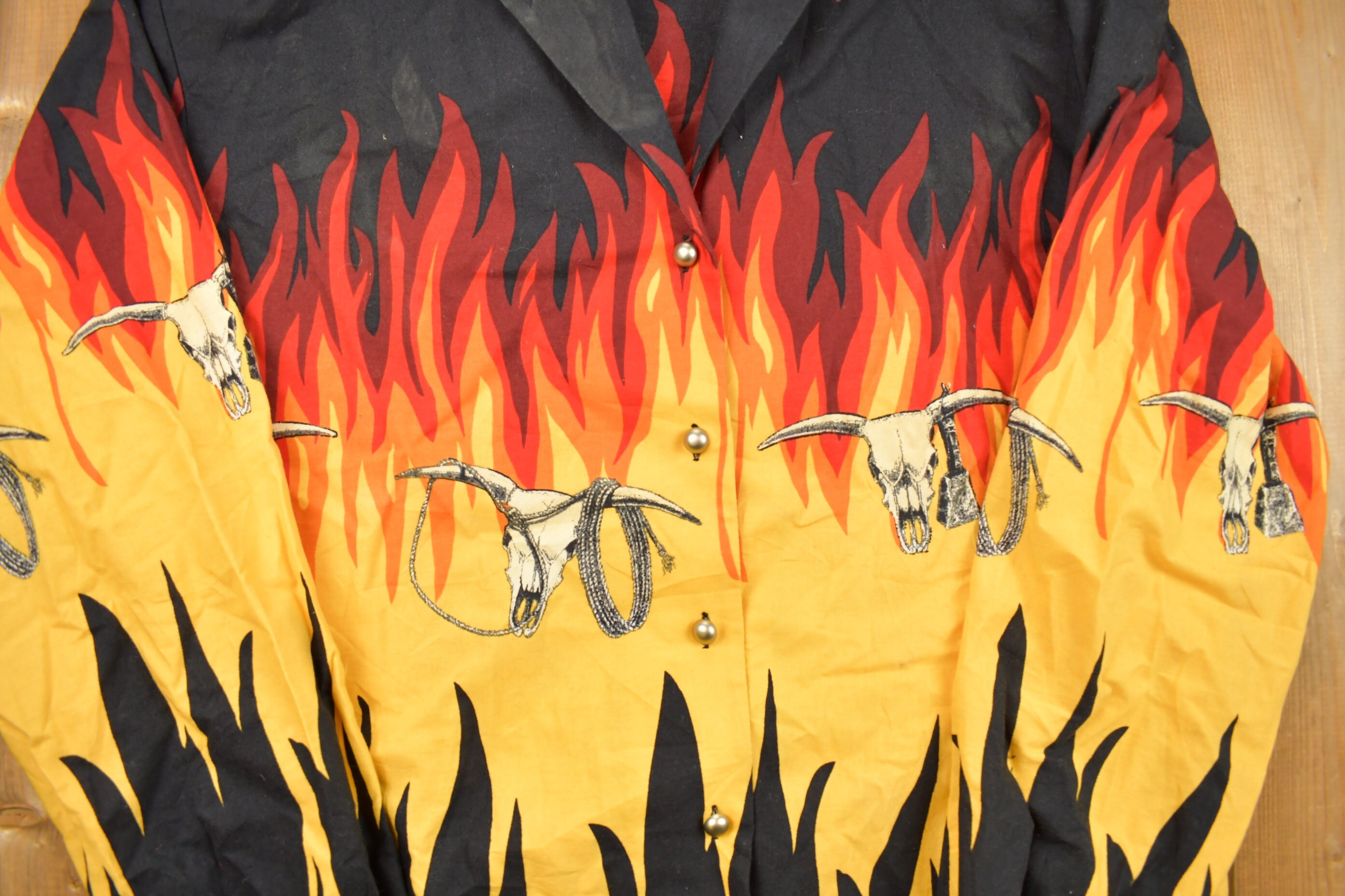 Vintage 1990s Flames and Skulls Roper Button up Shirt / 1990s  