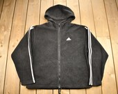 Vintage 1990s Adidas Three Stripes Hooded Fleece Sweater Zip Up Sportswear 90s Sweater Streetwear Athleisure Hiking
