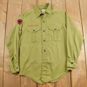 Vintage 1990&#39;s Boy Scouts Of America Short Sleeve Button Up Shirt / Made In USA / 1990&#39;s Button Up / Patch Work / Workwear / Youth Shirt