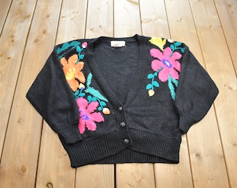 Vintage 1980s Jaclyn Smith Flower Theme Knit Cardigan Sweater Size L