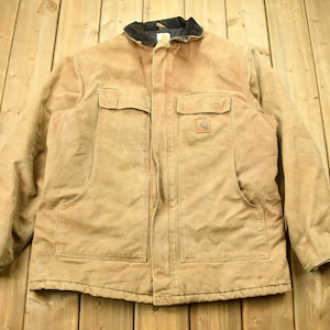 Vintage 1990s Beige Carhartt Work Jacket / Vintage Workwear / Streetwear / Made In USA / 90s / Quilt Lined Jacket / Distressed Carhartt