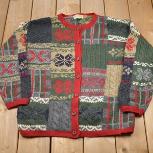 Vintage 1990s Simons All Over Print Cardigan Sweater / Vintage Cardigan / Button Up / Patchwork / Embroidered / Snow Flake Cardigan