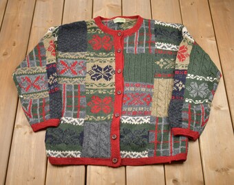Vintage 1990s Simons All Over Print Cardigan Sweater / Vintage Cardigan / Button Up / Patchwork / Embroidered / Snow Flake Cardigan