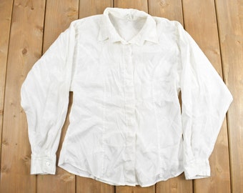 Vintage 1990s Womens Blank White Puff Sleeve Button Up Shirt / 1990s Button Up / Vintage Flannel / Basic Button Up / Rock and Roll Shirt