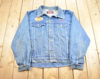 Vintage 1970s Wrangler Hero Vietnam Veteran Harley Davidson Embroidered Jean Jacket Made In USA
