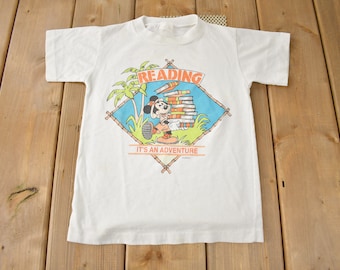 Vintage 1990s Disney Mickey Mouse reading Adventure Youth Size Graphic T-Shirt