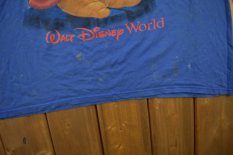 Pu&ograve; includere: Una maglietta blu con un'immagine sbiadita di un personaggio dei cartoni animati e il testo "Walt Disney World".