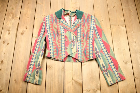 Vintage 1990s Aztec Pattern Cropped Blazer Jacket… - image 1