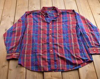 Vintage 1990s Steeplechase Plaid Button Up Shirt / 1990s Button Up / Vintage Flannel / Basic Button Up / Button Up Plaid Shirt / 90s Plaid