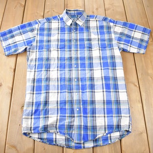 Vintage 1990s Wrangler Western Shirts Pearl Snap Short Sleeve Plaid Button Up Shirt Size L