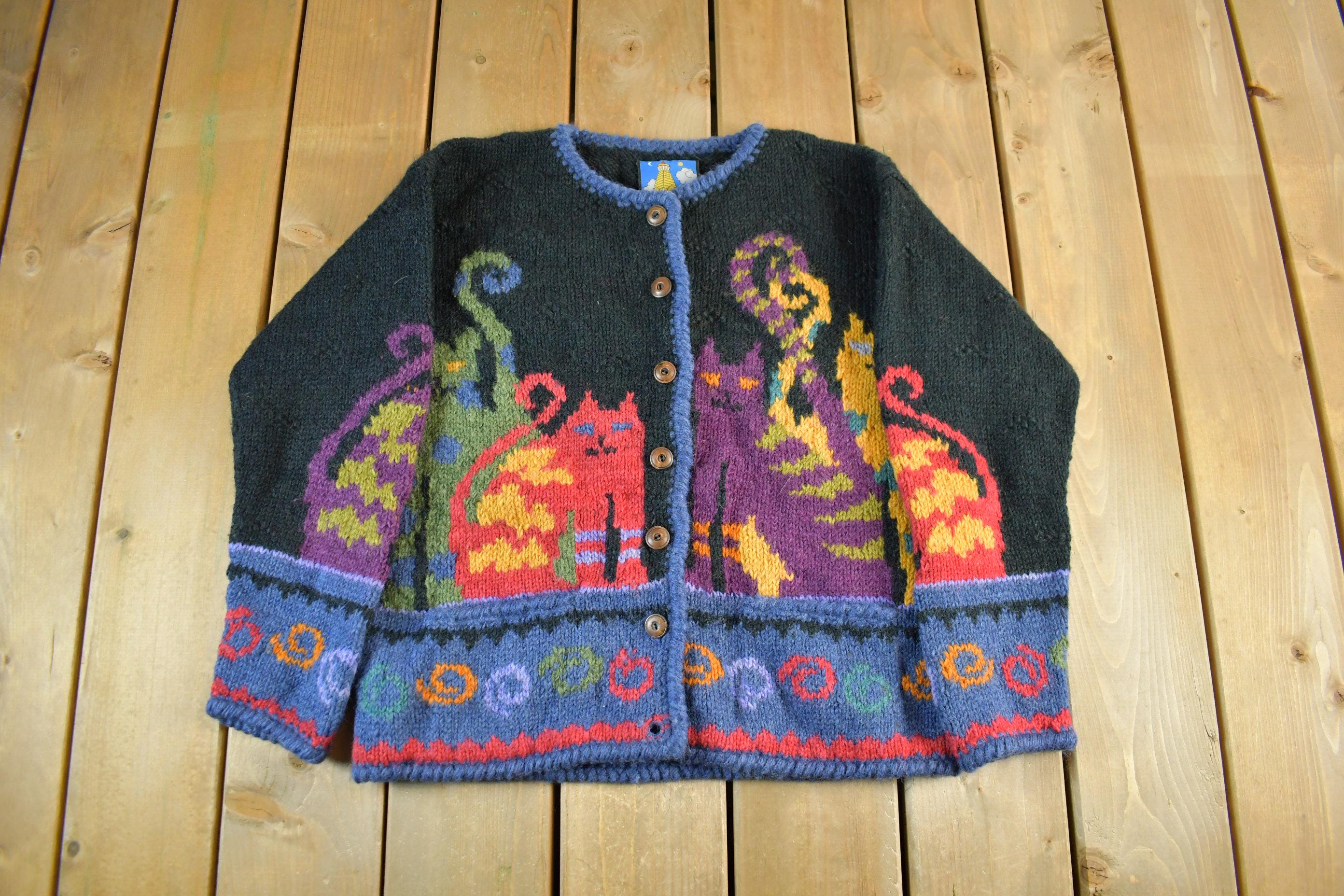 Vintage 1990s Newari Cats Knit Cardigan Sweater Womens S-M 