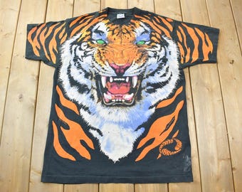 Vintage 1995 Tiger Theme All Over Print Liquid Blue Double Sided Graphic T-Shirt / Single Stitch / Made In USA / Outdoorsman