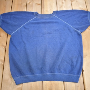 Vintage 1960s Blank Blue Short Sleeve Raglan Sweatshirt / 60s Crewneck / Made In USA / True Vintage / Distressed