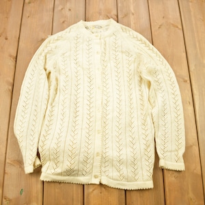 Vintage 1980s Knitted Laced Cardigan Sweater / Vintage Cardigan / Button Up / Abstract Pattern / Blank Cardigan