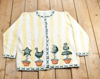 Vintage 1990er Jahre The Quacker Factory Strickpullover / Vintage Cardigan / durchgeknöpft / Omas Pullover / gestreift