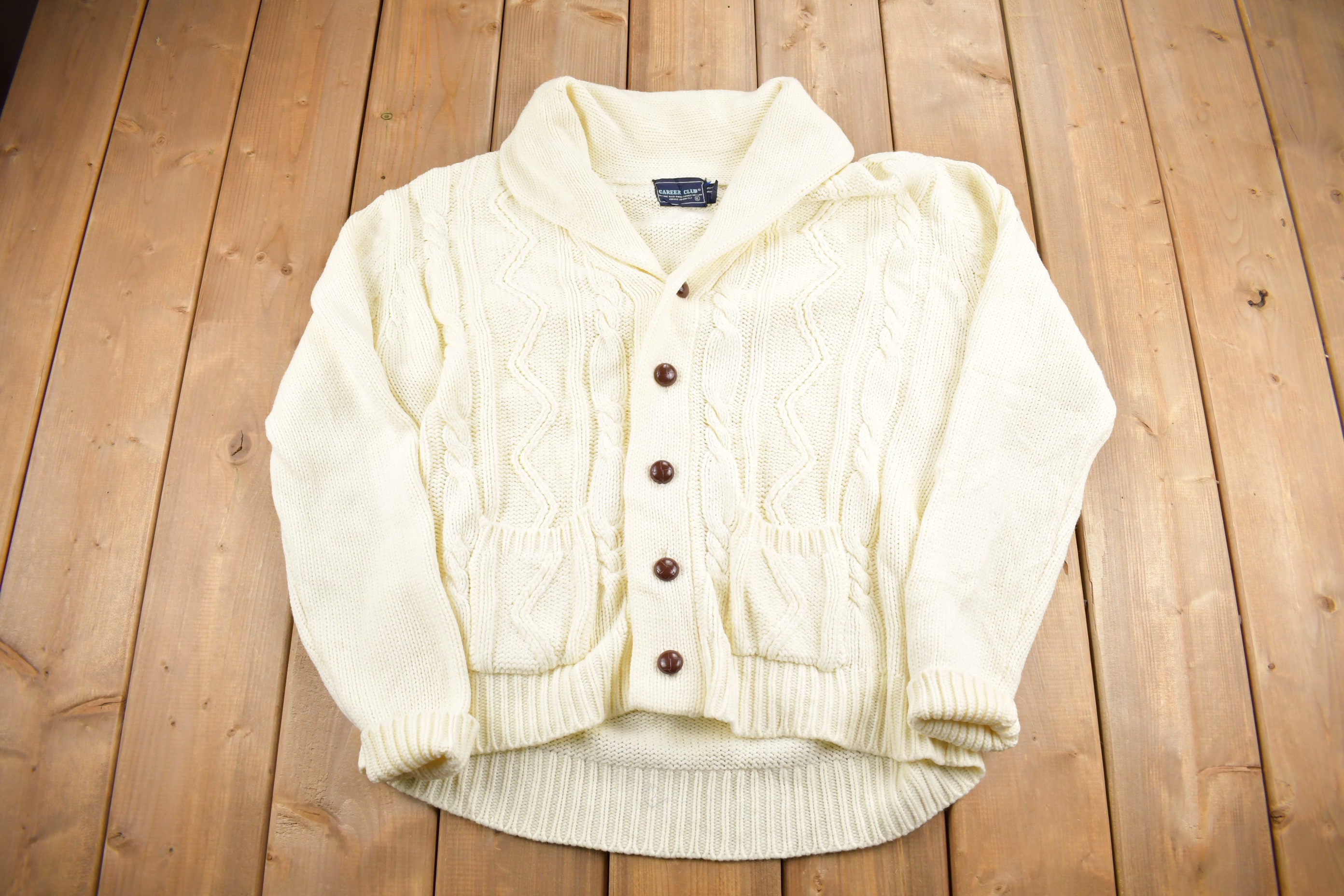 Vintage 1980s Career Club Cable Knitted Cardigan Sweater / Vintage Cardigan / Button Up / Abstract Pattern / 100% Acrylic