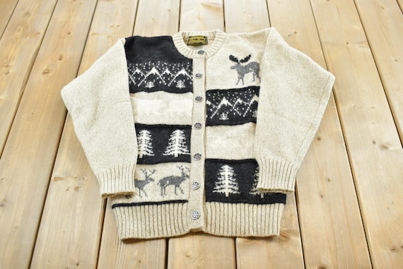 Vintage 1988 Eddie Bauer Wool Knit Animal Nature Cardigan Mens S / Made in USA / 80s Knitted Sweater / Outdoorsman / Hiking