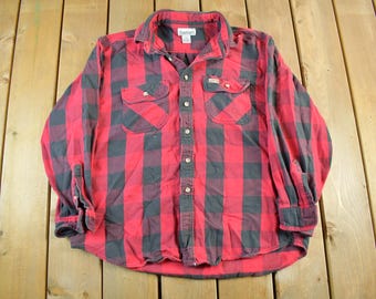 Vintage 1990s Carhartt Plaid Button Up Flannel Shirt Men's XL / Workwear Shirt / 90s Button Up / Outdoors