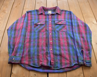 Vintage 1990s Outdoor Exchange Plaid Button Up Shirt / Made in USA / 1990s Button Up / Vintage Flannel / Basic Button Up