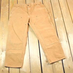 Vintage 1990s Tan Carhartt Double Knee Denim Work Jeans Size 38 x 30 / 90s Carpenter Pants / Made In USA / Distressed Carhartt / Vintage