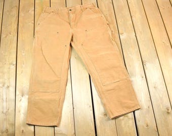 Vintage 1990s Tan Carhartt Double Knee Denim Work Jeans Size 38 x 30 / 90s Carpenter Pants / Made In USA / Distressed Carhartt / Vintage