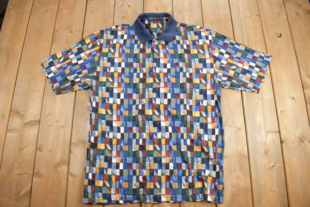 Vintage 1990s Checkered Riscatto Quarter Button Polo Shirt / Abstract ...