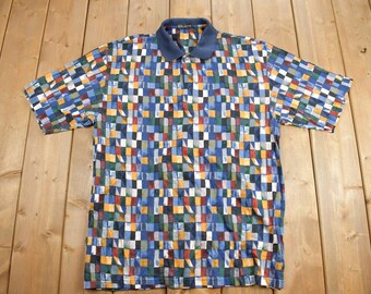 1990年代ヴィンテージチェック柄リスカットクォーターボタンポロシャツ / 抽象柄 / カジュアルシャツ / フォーマルシャツ / 半袖ポロ / サイズM