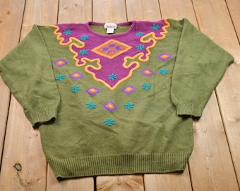 Vintage 1990s Knitted Pattern Crewneck Sweater / Vintage 90s Crewneck / All Over Pattern / Colorful / Sweatshirt / Abstract Pattern
