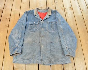 Vintage 1980s Sun Faded Workwear Denim Chore Coat Men's XL / Quilt Lined / Work Jacket / Sun Faded Distressed / Barn Coat