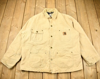 Vintage 1980s Tan Carhartt Chore Coat / Vintage Workwear / Streetwear / Made In USA / Blanket Lined Jacket / Distressed Carhartt / Tan