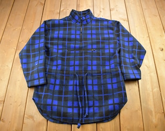 Vintage 1990s Plaid Fleece Quarter Zip Sweater / Plaid Fleece / 90s Sweater / Streetwear / Hiking / 90s Zip Up / Blue Sweater