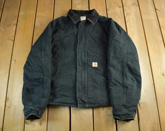 Vintage Carhart JQ185 Black Canvas 90s Work Jacket Sz 48 Corduroy