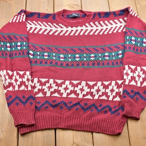 Vintage 1980s Dover By Arrow Knitted Sweater / Vintage 80s Crewneck / Pattern Sweater / Outdoor / Abstract Knit / Pullover Sweatshirt