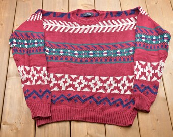 Vintage 1980s Dover By Arrow Knitted Sweater / Vintage 80s Crewneck / Pattern Sweater / Outdoor / Abstract Knit / Pullover Sweatshirt